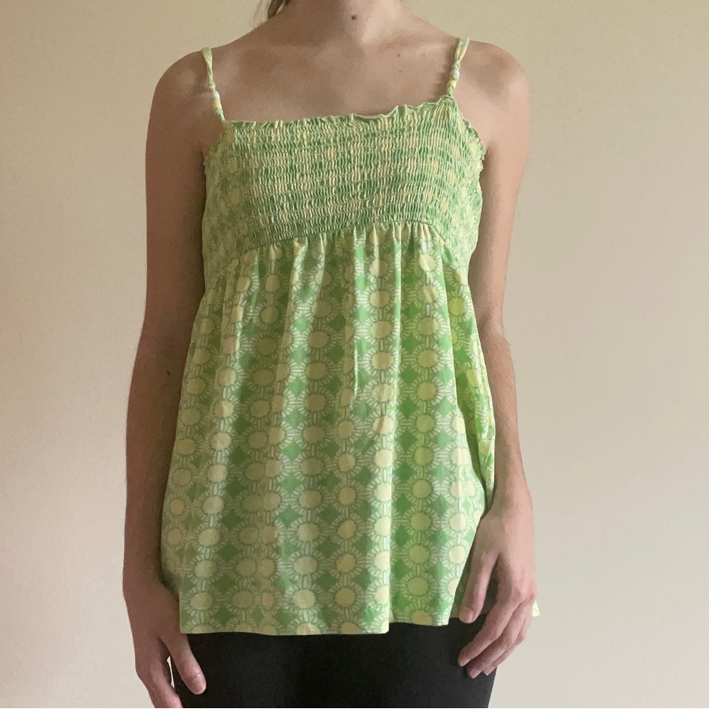 Old Navy Y2K Smocked Spaghetti Strap Top Green and Yellow
